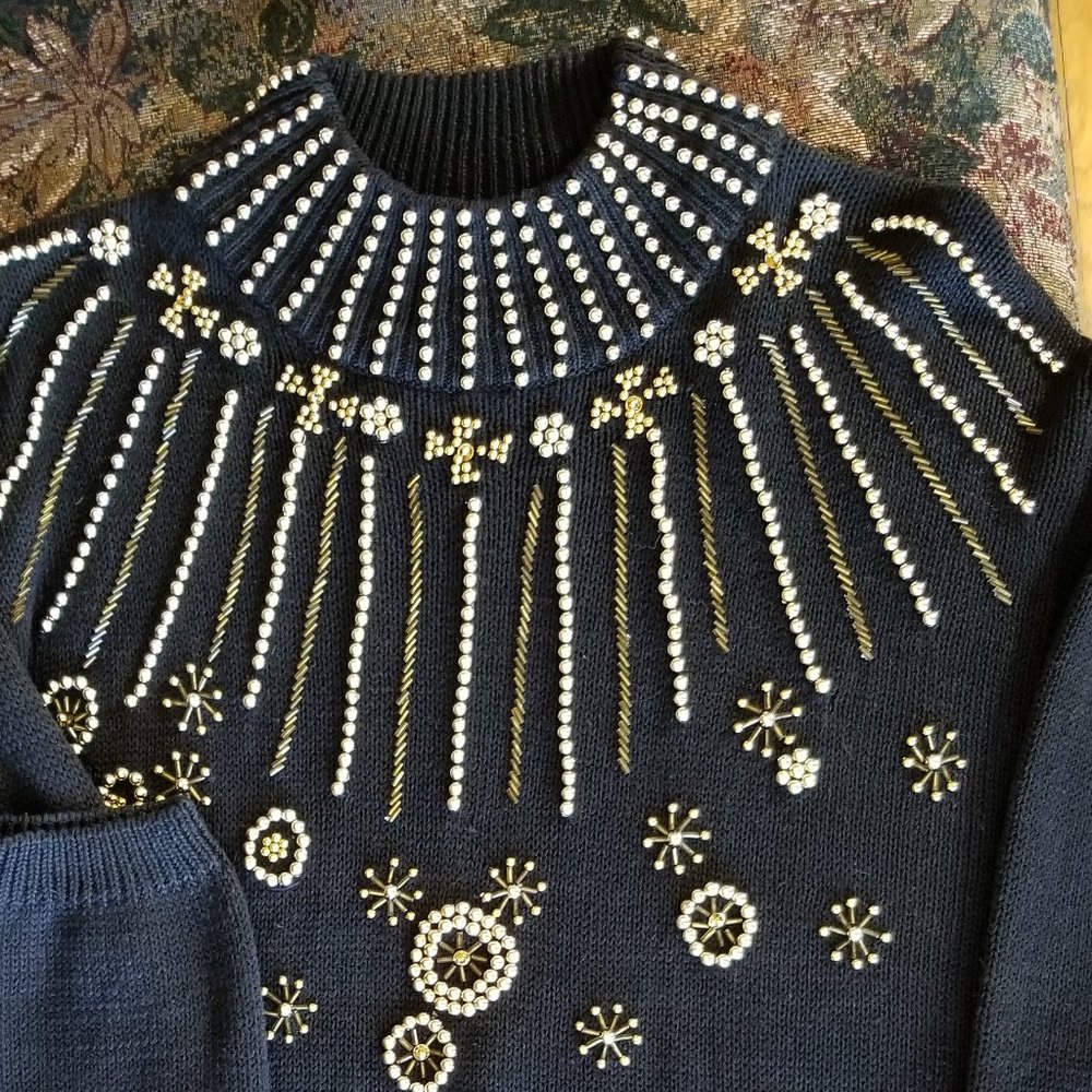 Impressive, vintage 90s, black cotton sweater, S, M, L, gold glass beading - Picture 1 of 8